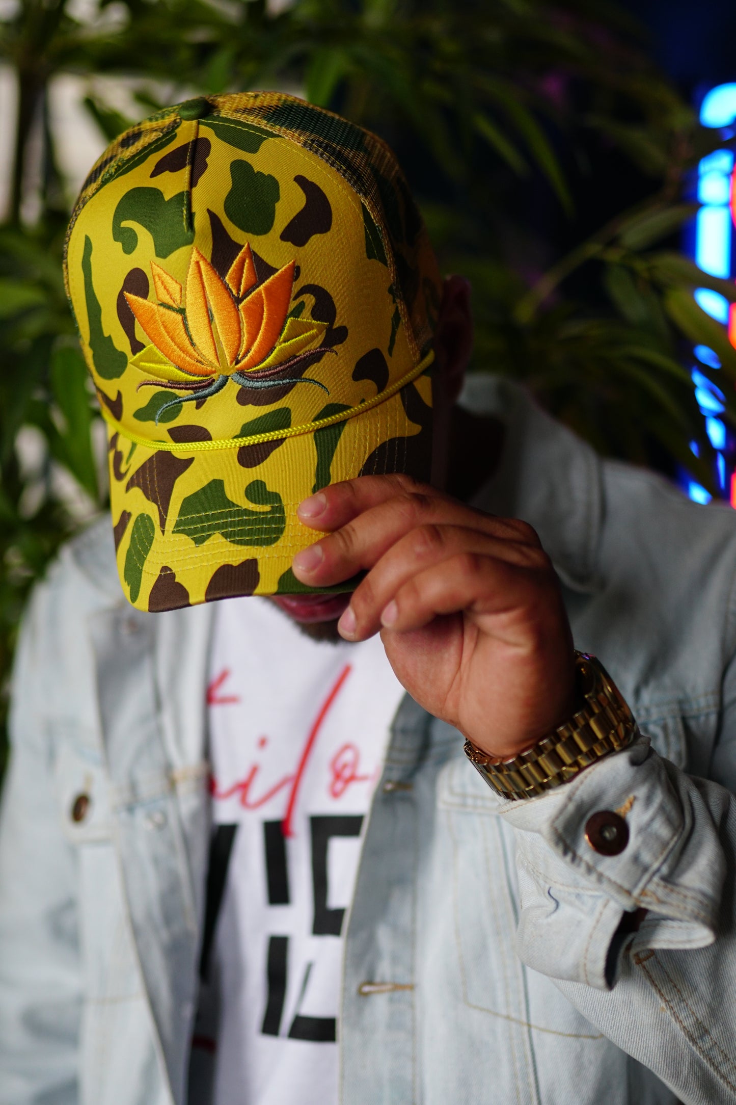 Yellow Camo Lotus Trucker